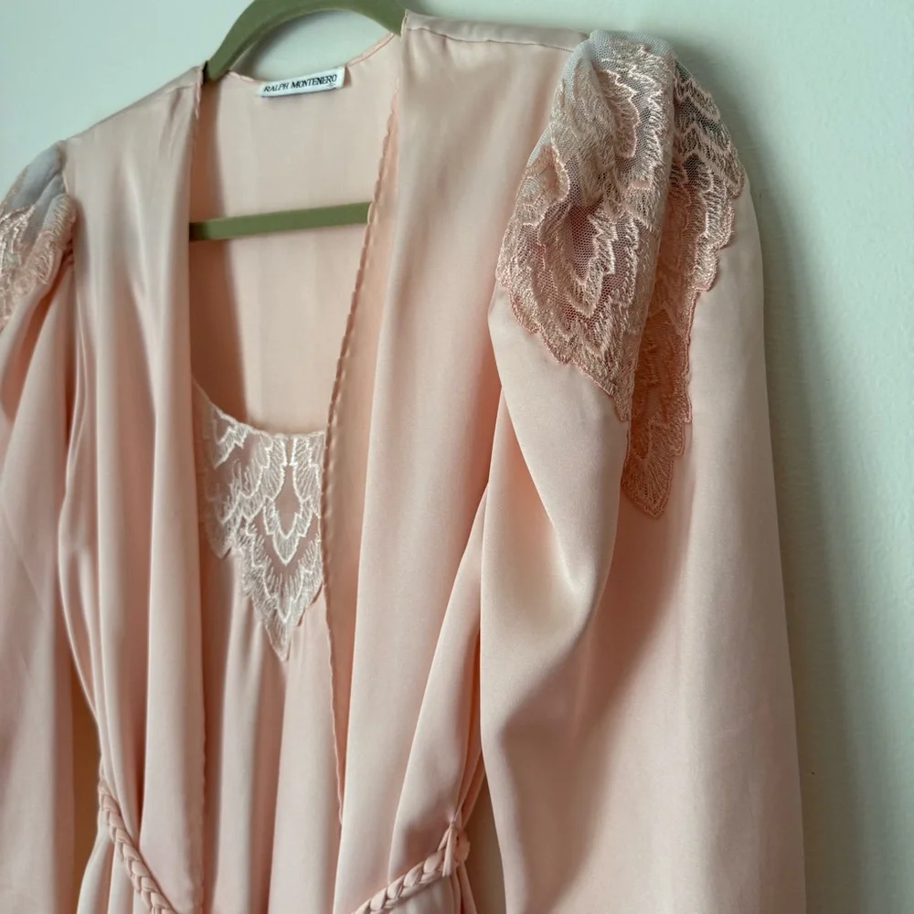 Ralph Montenero Vintage Pink Peignoir Set Maxi Slip Nightgown and Robe S